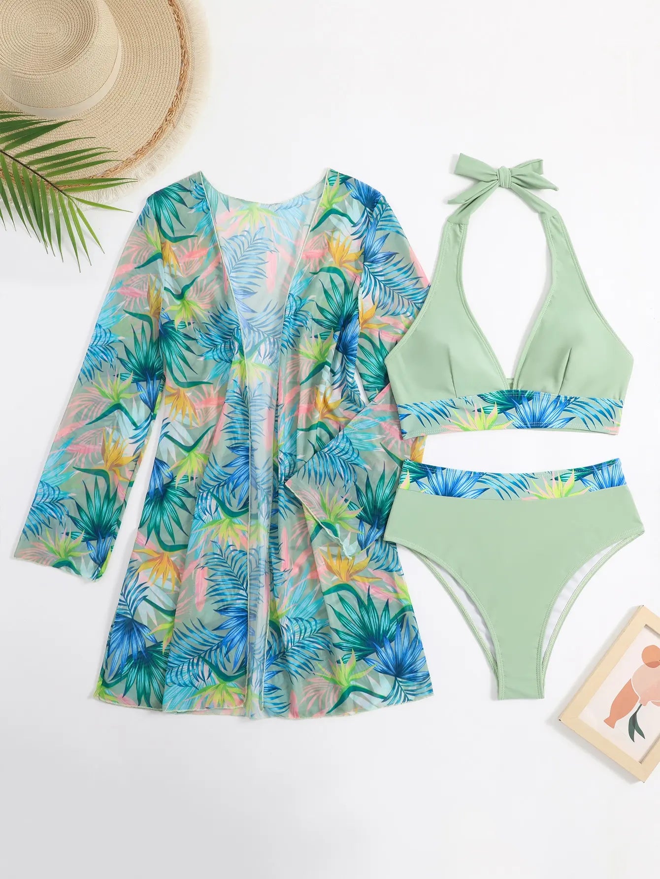 3-Piece Halter Bikini Set with Kimono Cover-Up