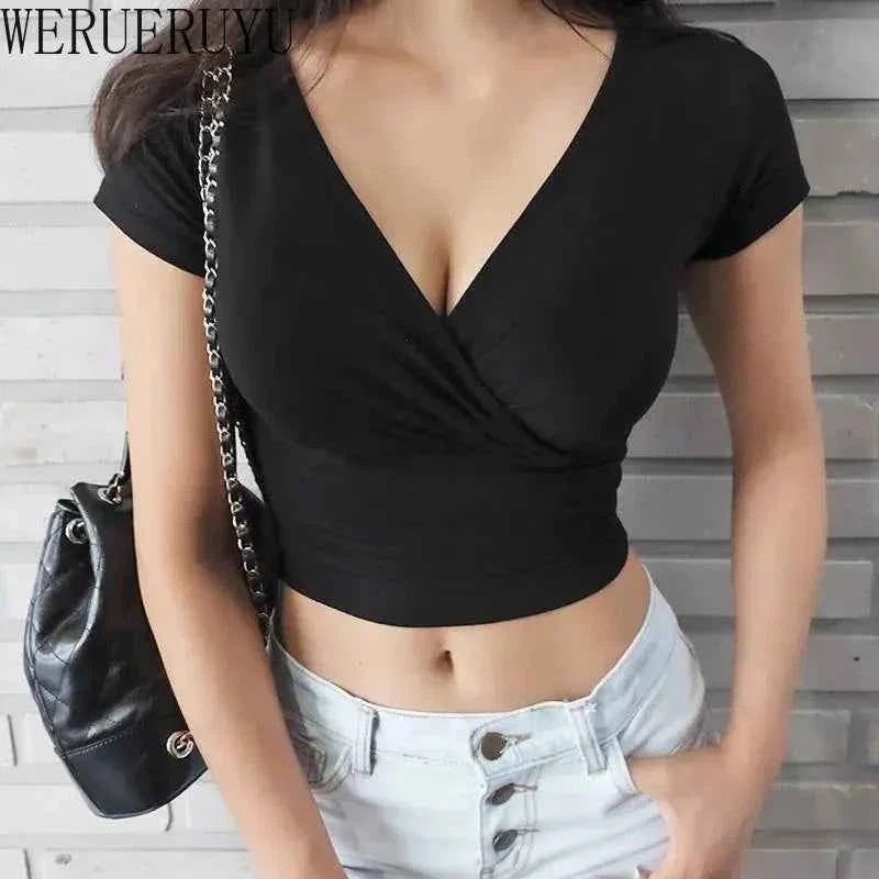 Vivid V-Neck: Y2K Black Crop Top Corset Tee