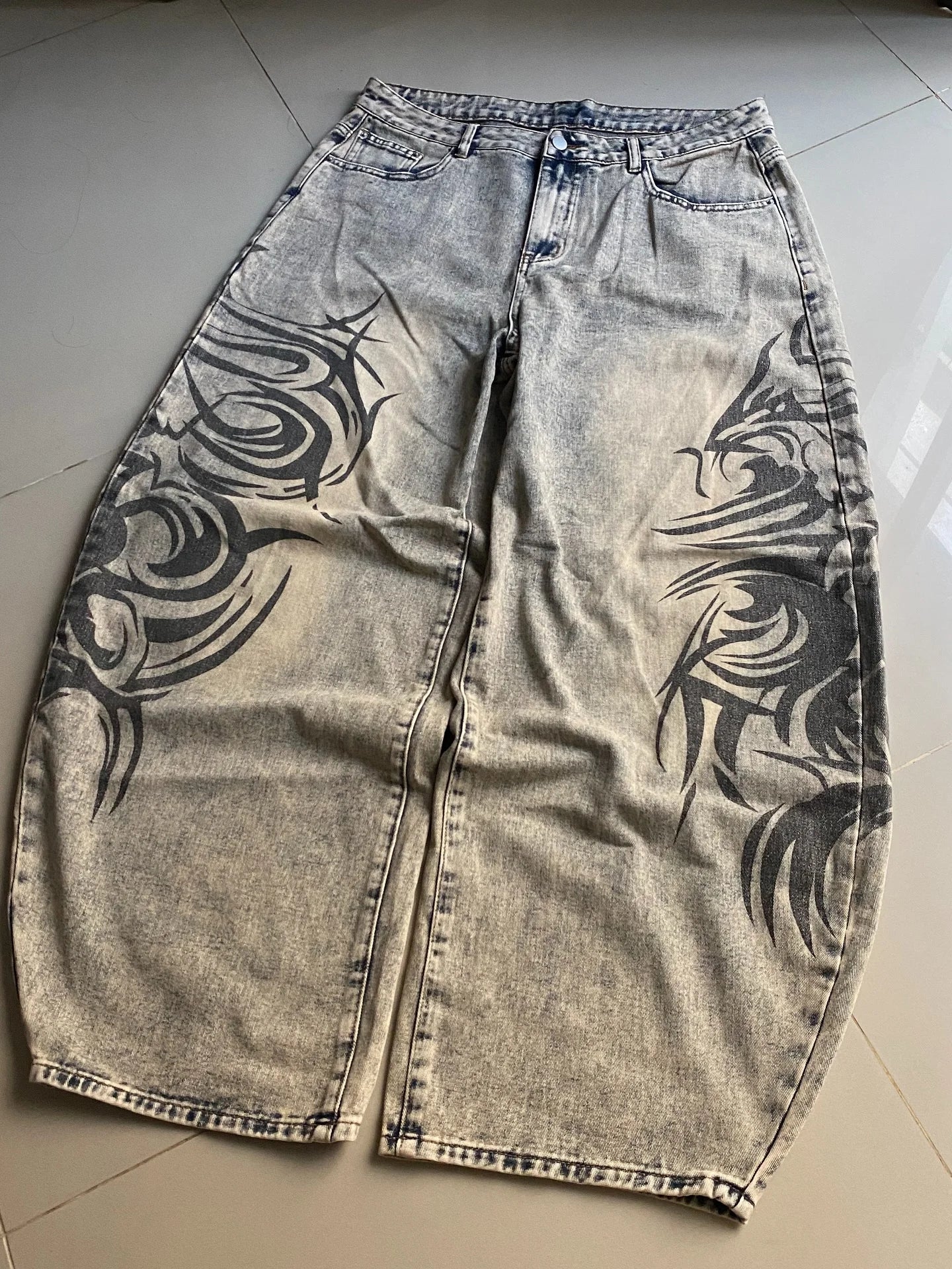 Y2K Grey Baggy Wide-Leg Jeans for Men & Women