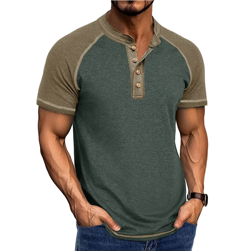 Men's Retro Patchwork Stand Collar T-Shirt