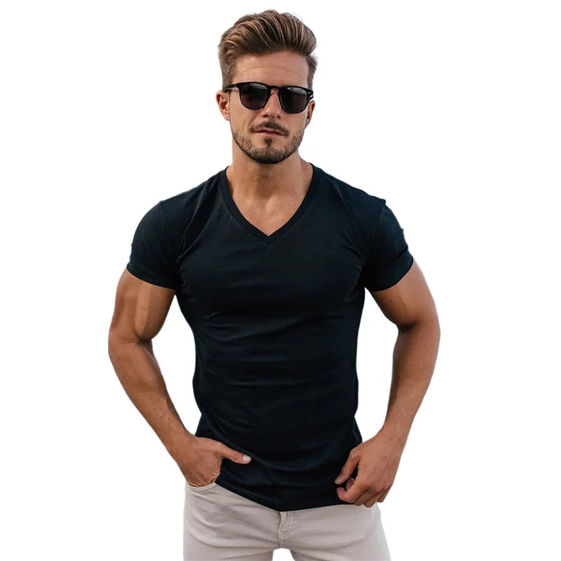 Men Fashion V Neck Short Sleeve Fitness Workout Summer Breathable Cotton