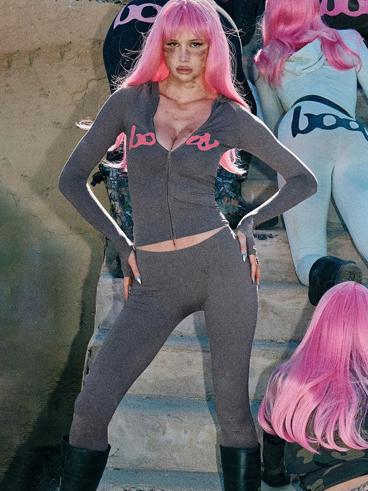 Letter Print Hooded Tracksuit Set for Women