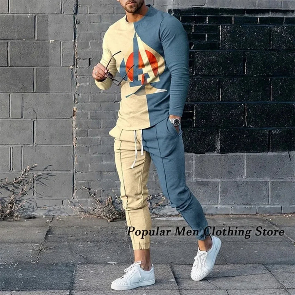 Men Long Sleeved T Shirt+Trousers Tracksuit 2 Piece