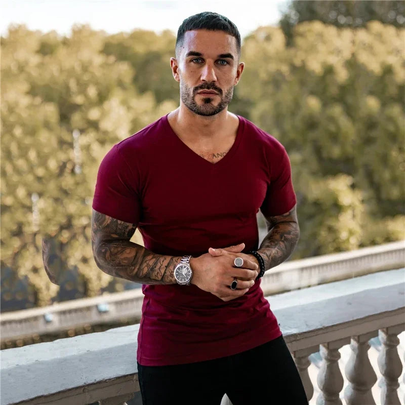 Men Fashion V Neck Short Sleeve Fitness Workout Summer Breathable Cotton