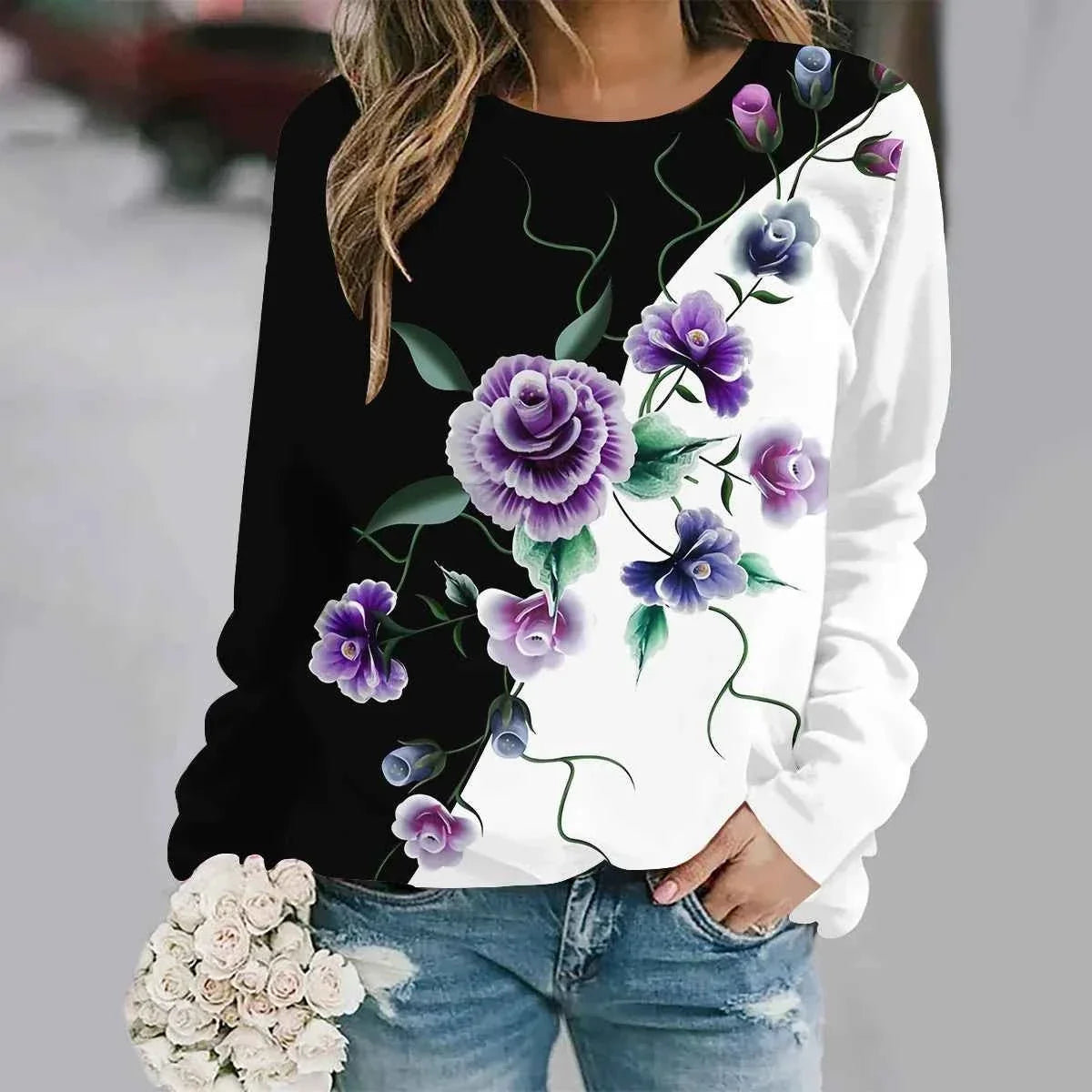 3D Flower Print Y2K Sweatshirt - Women's Fashion