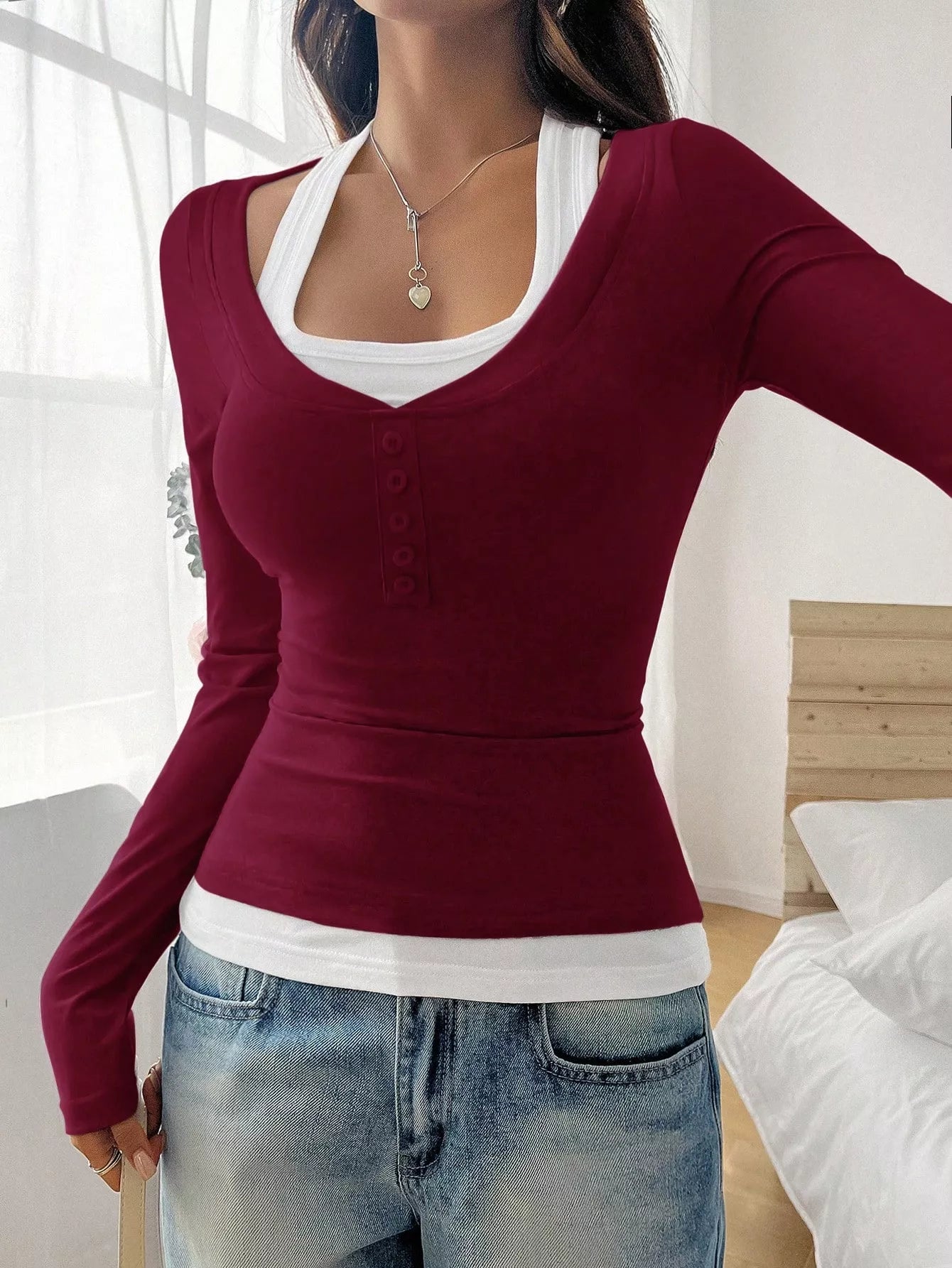 Scoop Neck Fake Two-Piece T-Shirt