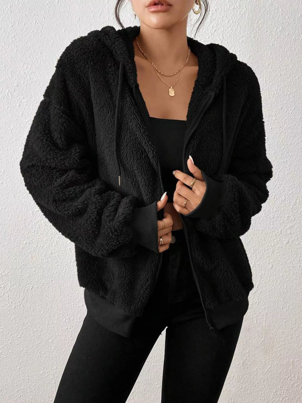 Zip-Up Plush Hooded Outerwear