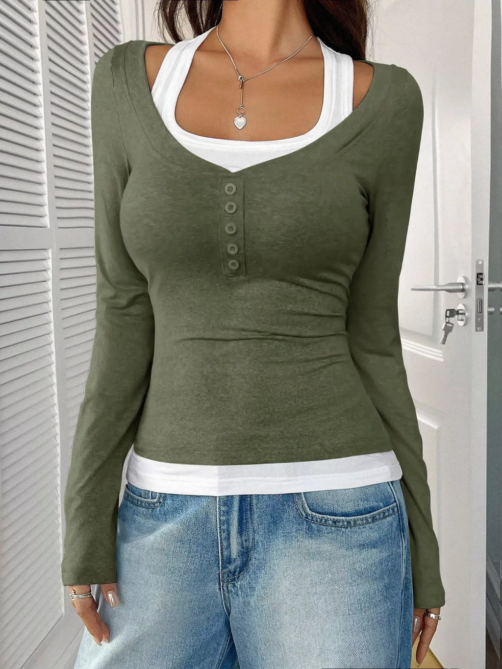 Scoop Neck Fake Two-Piece T-Shirt