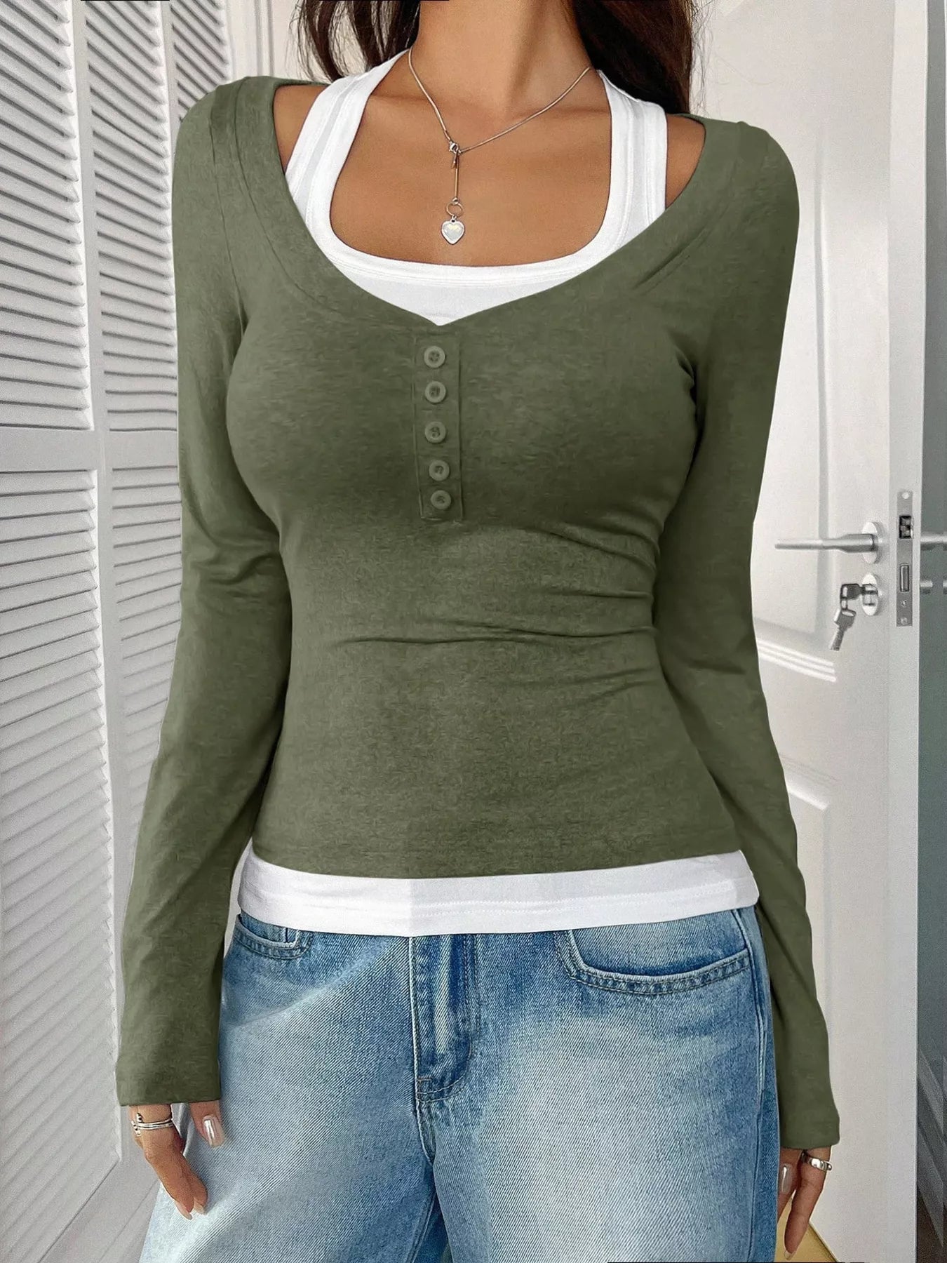 Scoop Neck Fake Two-Piece T-Shirt