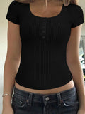Ribbed Button Detail Round Neck Short Sleeve T-Shirt