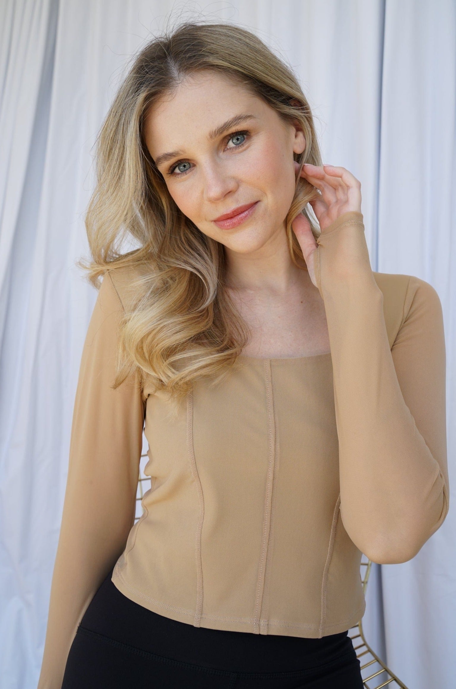 Hailey Mesh and Cotton Long Sleeve Top - Latte