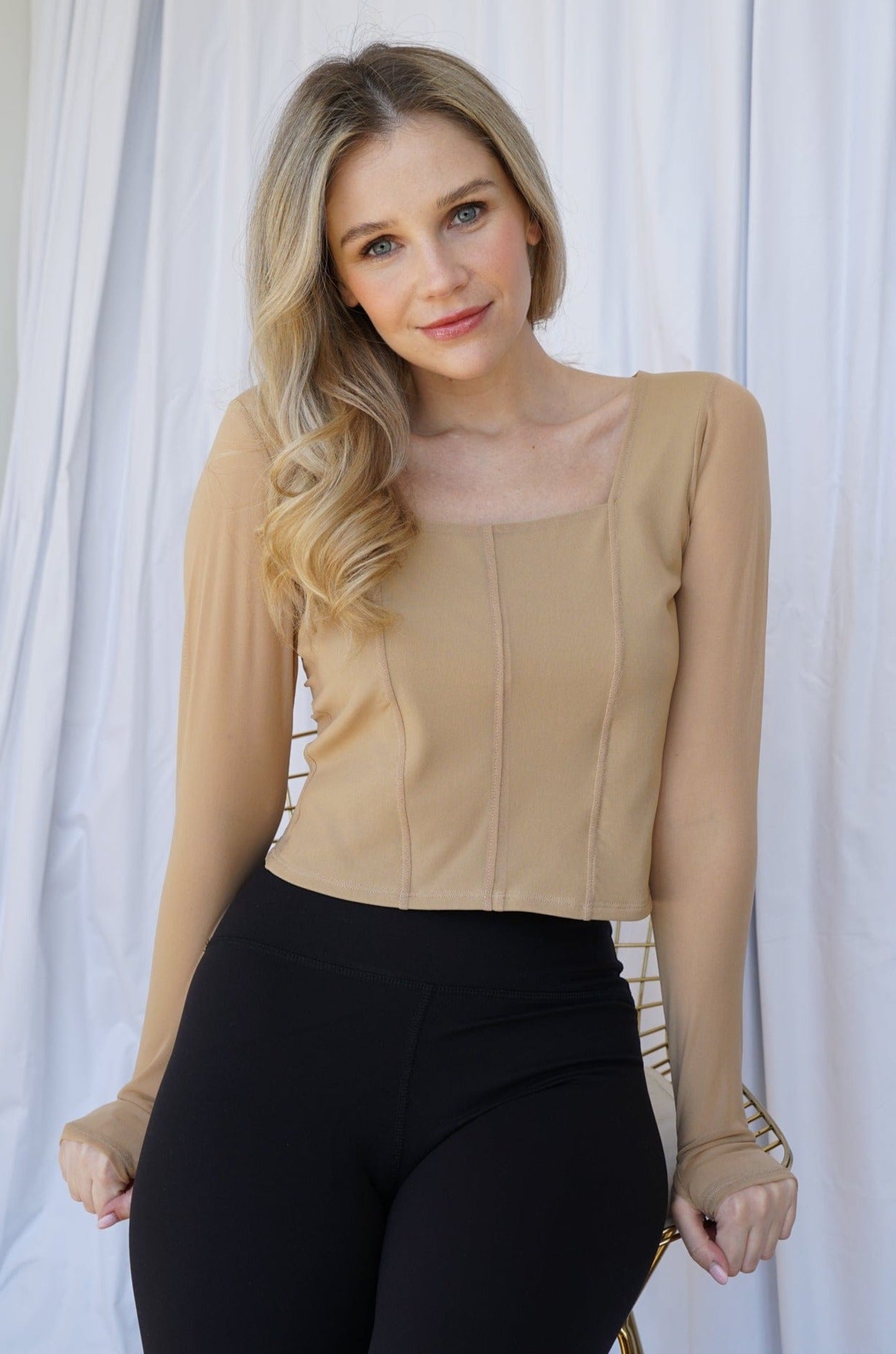 Hailey Mesh and Cotton Long Sleeve Top - Latte