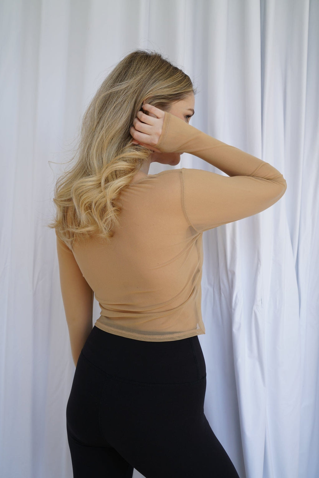 Hailey Mesh and Cotton Long Sleeve Top - Latte