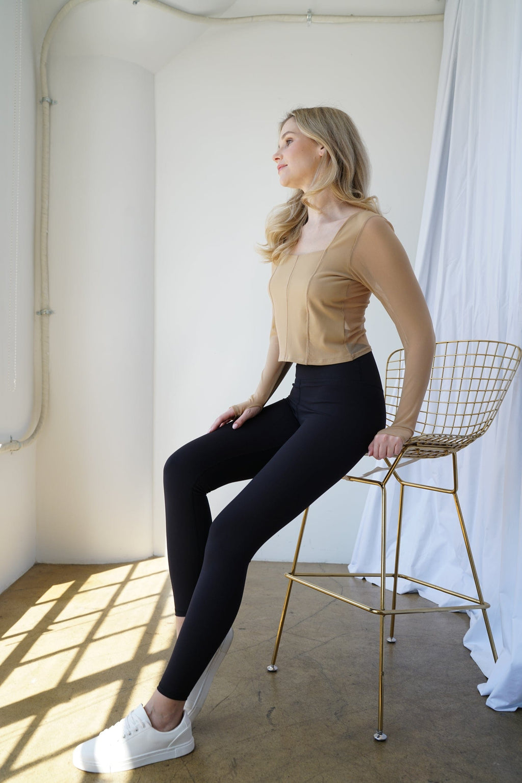 Hailey Mesh and Cotton Long Sleeve Top - Latte