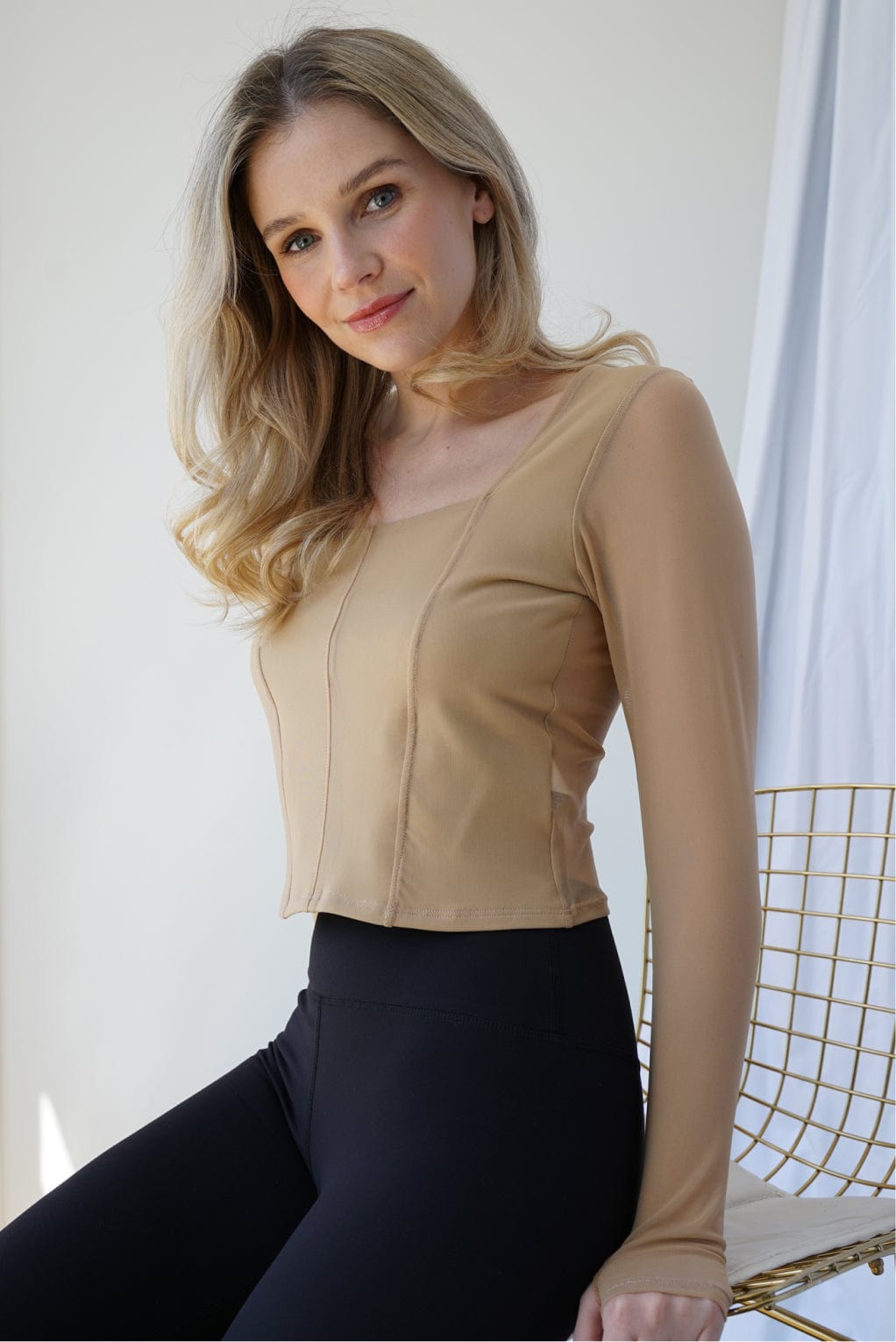 Hailey Mesh and Cotton Long Sleeve Top - Latte