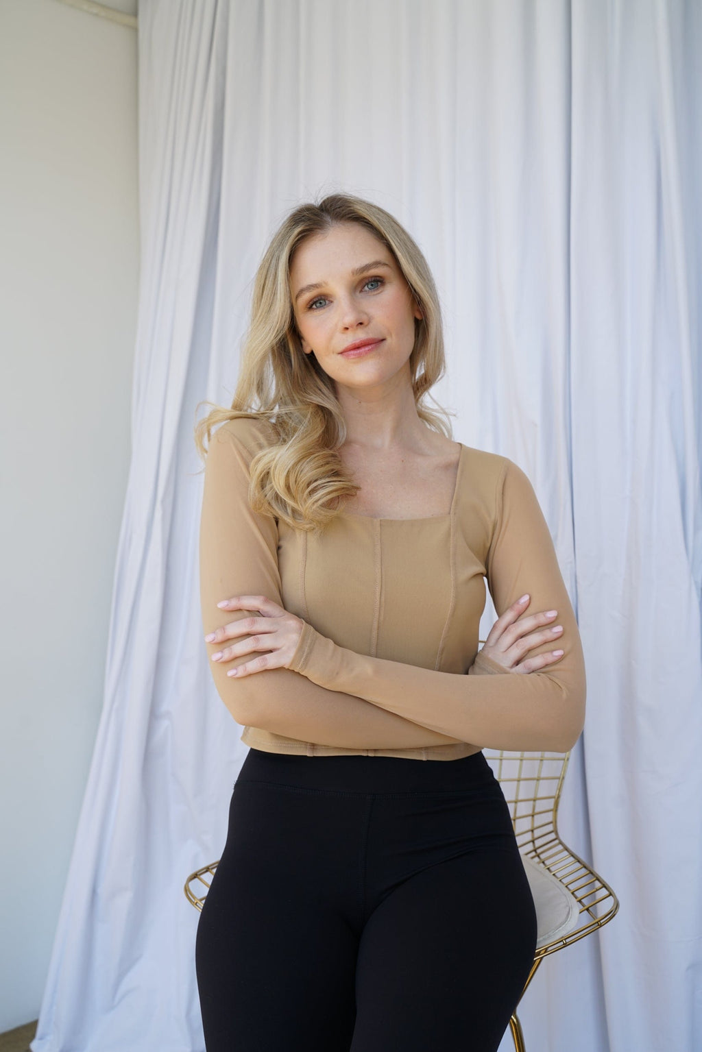 Hailey Mesh and Cotton Long Sleeve Top - Latte