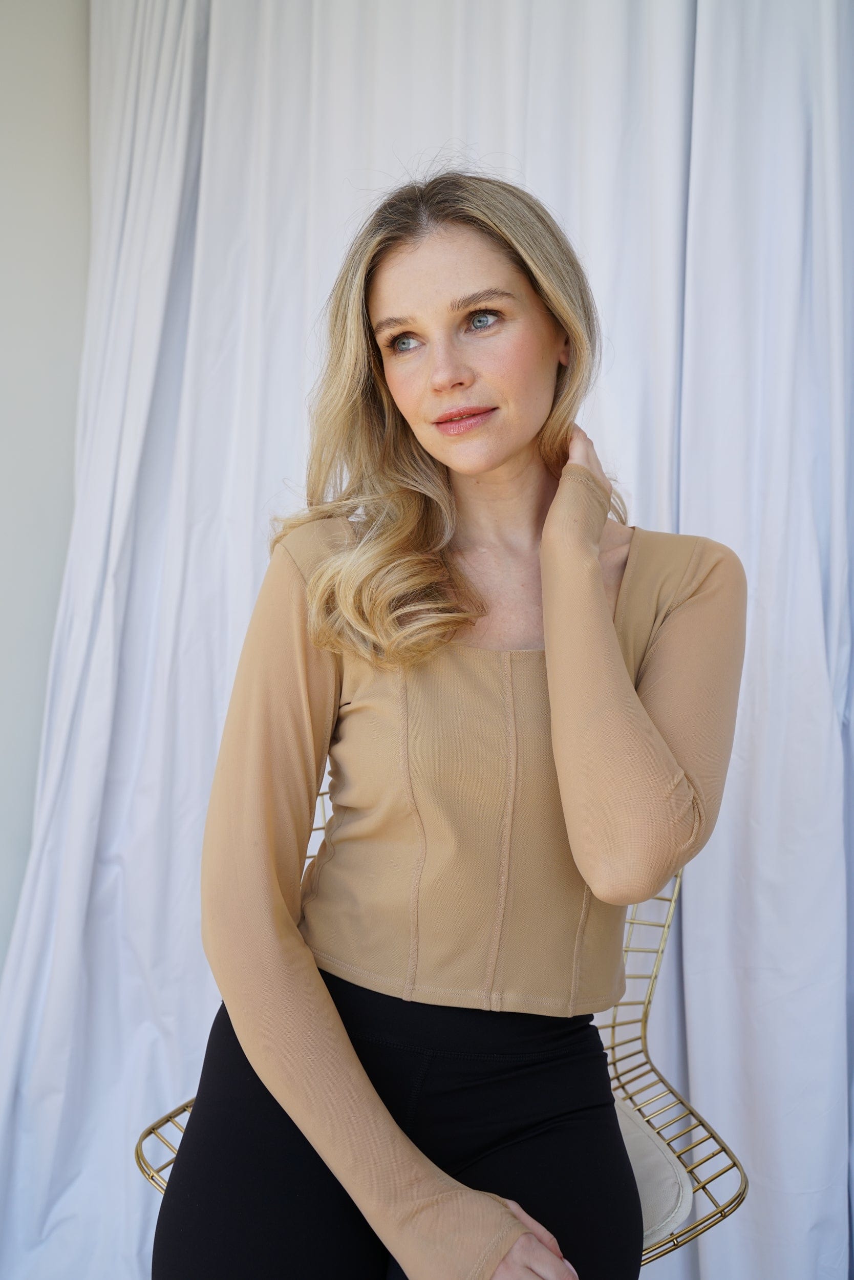 Hailey Mesh and Cotton Long Sleeve Top - Latte