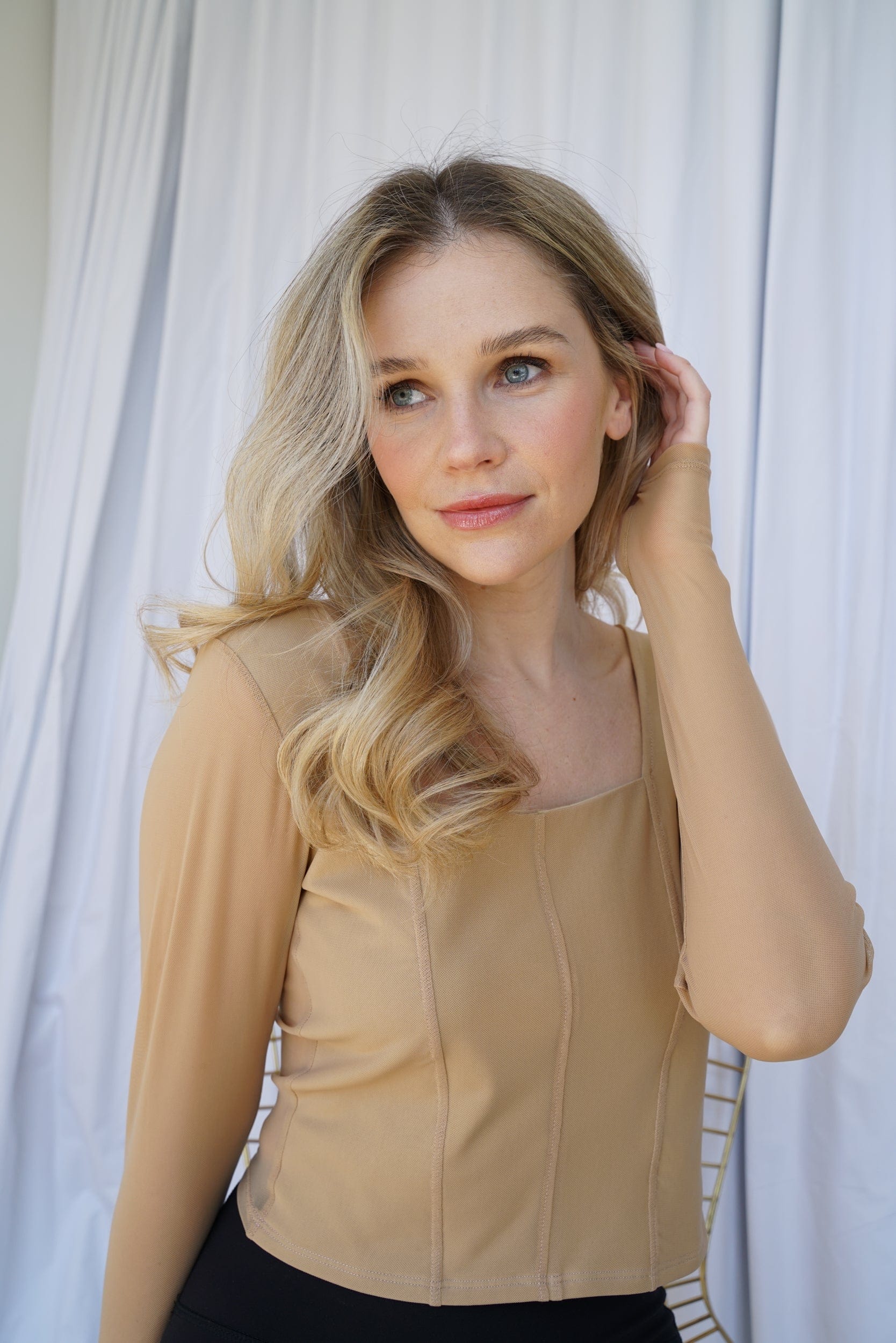 Hailey Mesh and Cotton Long Sleeve Top - Latte