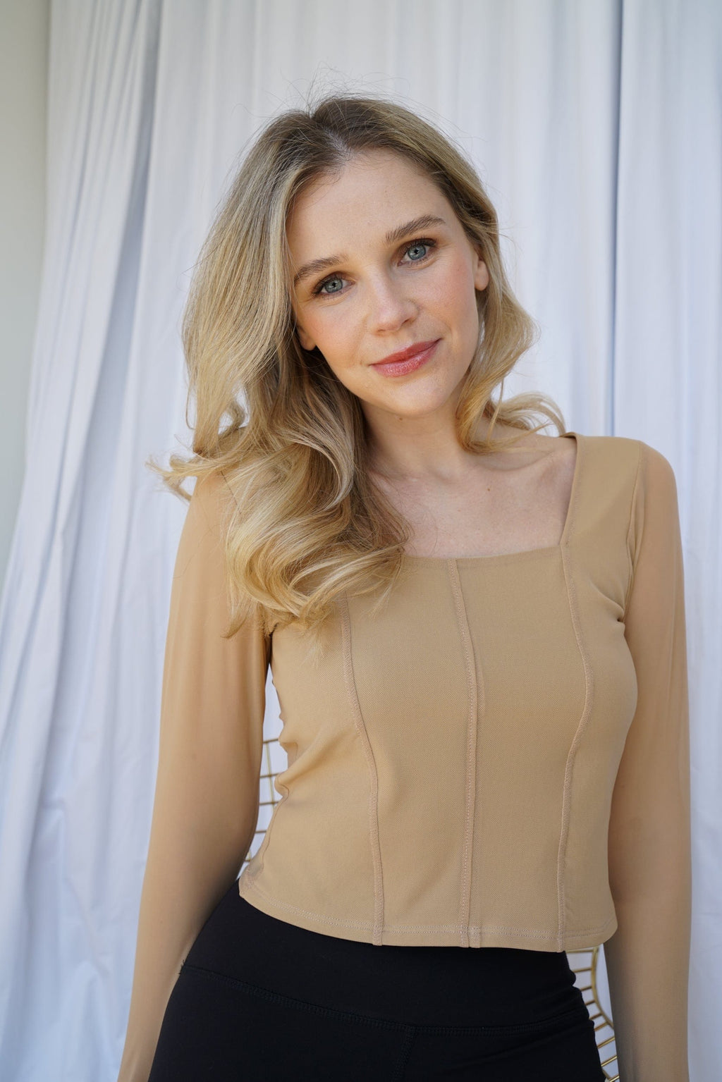 Hailey Mesh and Cotton Long Sleeve Top - Latte