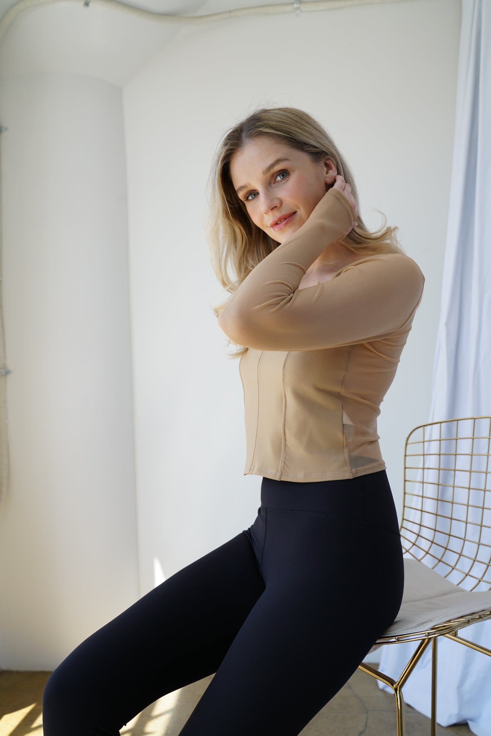 Hailey Mesh and Cotton Long Sleeve Top - Latte